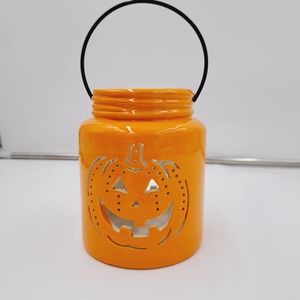 Orange Pumpkin ceramic Halloween light holder metal handle Luminary